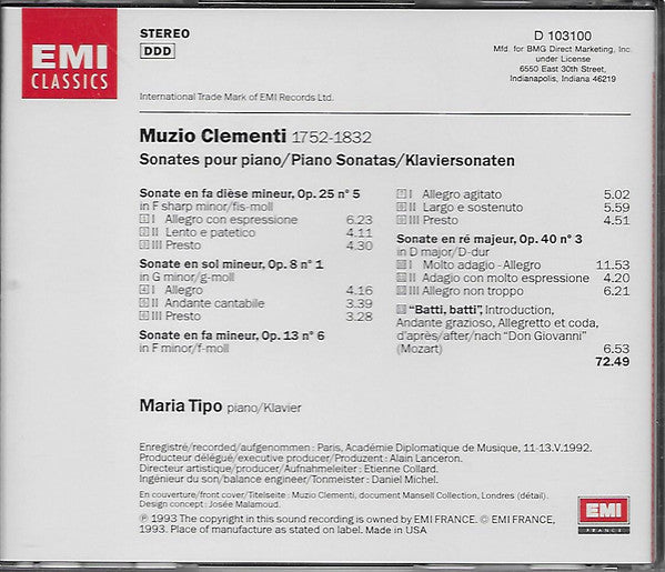 Clementi*, Maria Tipo : Sonates (CD, Album, Club)