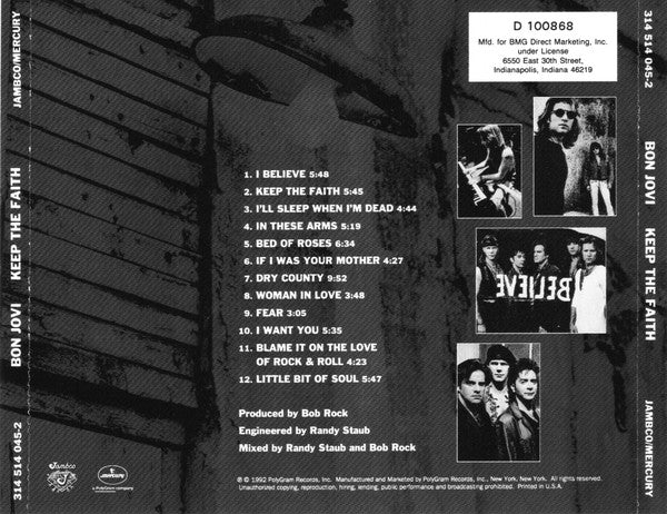 Bon Jovi : Keep The Faith (CD, Album, Club)