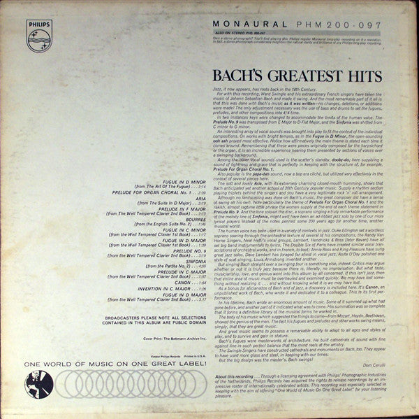 Swingle Singers* : Bach's Greatest Hits (LP, Mono)