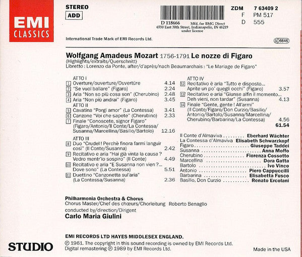 Mozart*, Taddei*, Schwarzkopf*, Moffo*, Cossotto*, Wächter*, Philharmonia Chorus, Philharmonia Orchestra, Carlo Maria Giulini : Le Nozze Di Figaro - Highlights / Extraits / Querschnitt (CD, Club, RM)