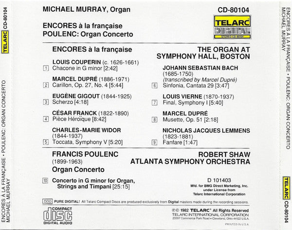 Michael Murray (4), Poulenc*, Robert Shaw, Atlanta Symphony Orchestra : Encores À La Française / Concerto For Organ Strings & Timpani (CD, Club, RE)