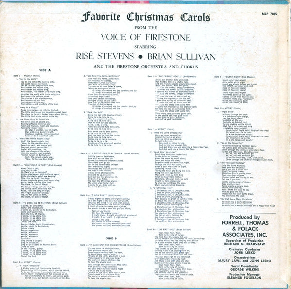 Risë Stevens, Brian Sullivan (4), The Firestone Orchestra And Chorus : Favorite Christmas Carols From The Voice Of Firestone (LP, Album, Mono, Ind)