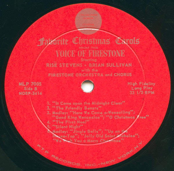 Risë Stevens, Brian Sullivan (4), The Firestone Orchestra And Chorus : Favorite Christmas Carols From The Voice Of Firestone (LP, Album, Mono, Ind)