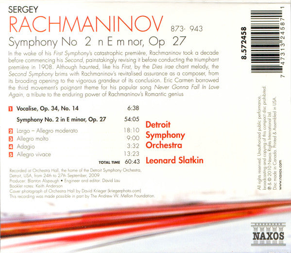 Rachmaninov* / Detroit Symphony Orchestra, Leonard Slatkin : Symphony No. 2 (CD, Album)