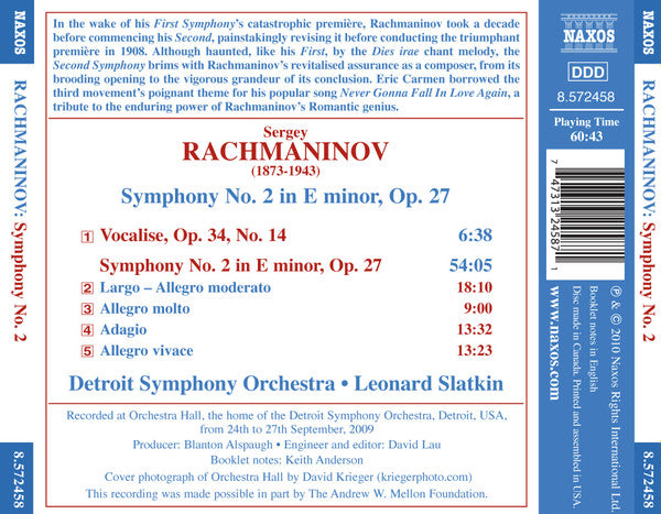 Rachmaninov* / Detroit Symphony Orchestra, Leonard Slatkin : Symphony No. 2 (CD, Album)