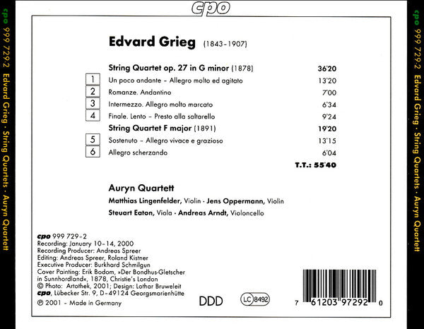 Edvard Grieg, Auryn Quartett : String Quartets (CD, Album)