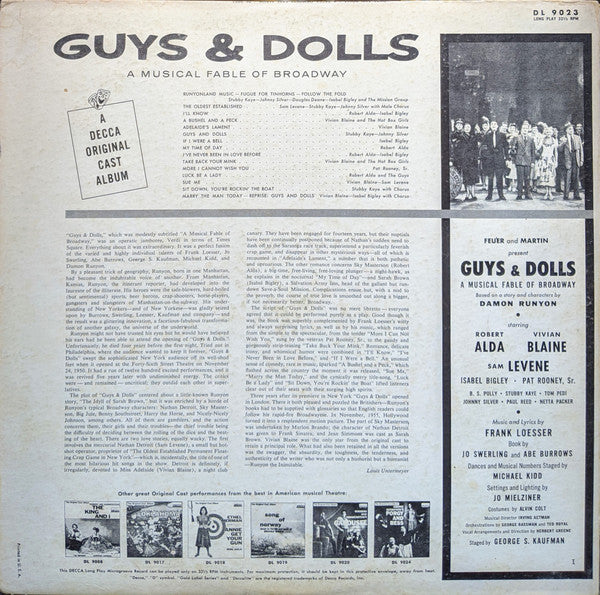 "Guys & Dolls" Original Broadway Cast, Feuer & Martin Present Frank Loesser : Guys & Dolls - A Musical Fable Of Broadway (LP, Album, Mono, RE)