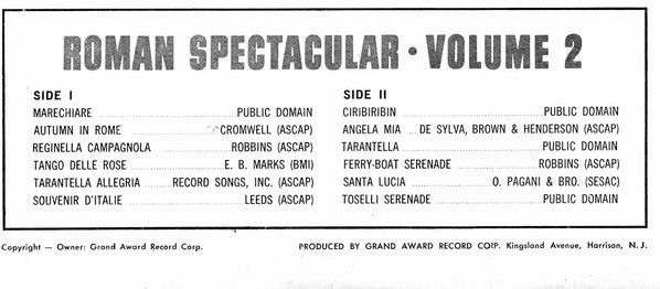 Charles Magnante And His All-Star Orchestra* : Roman Spectacular Volume 2 (LP, Album)