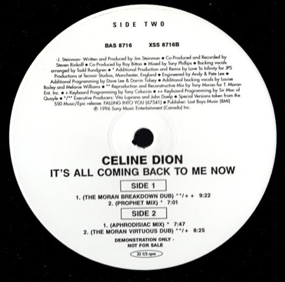 Celine Dion* : It's All Coming Back To Me Now (12", Single, Promo)