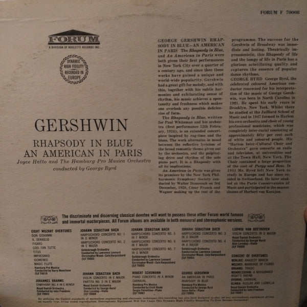 George Gershwin, The Hamburg Pro Musica with Joyce Hatto Conducted By George Byrd : An American In Paris / Rhapsody In Blue (LP, Mono)