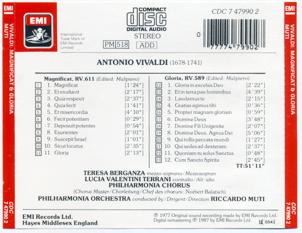 Vivaldi* - Riccardo Muti, Teresa Berganza, Lucia Valentini Terrani, New Philharmonia Chorus, New Philharmonia Orchestra : Gloria - Magnificat (CD, RE, RM)