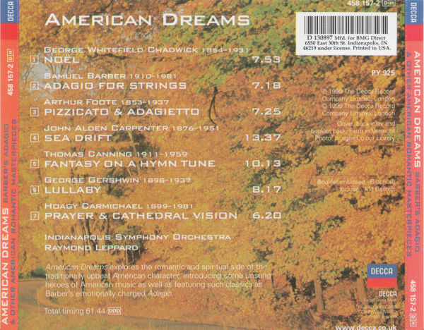 Indianapolis Symphony Orchestra, Raymond Leppard : American Dreams (Barber's Adagio & Other American Romantic Masterpieces) (CD, Album, Club)
