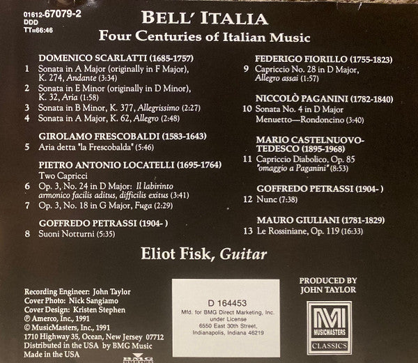 Eliot Fisk : Bell' Italia: Four Centuries Of Italian Music (CD, Album, Club)