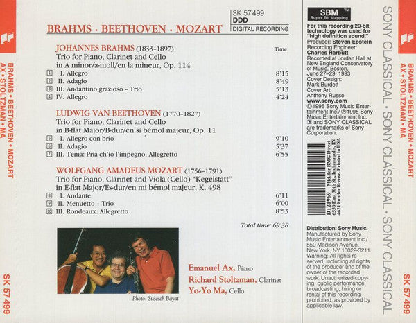 Ax*, Stoltzman*, Ma* - Brahms*, Beethoven*, Mozart* : Trios For Piano, Clarinet & Cello (CD, Album, Club)
