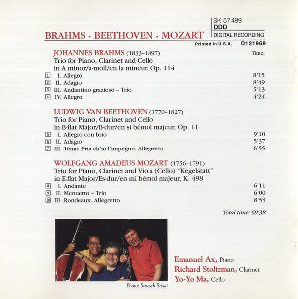 Ax*, Stoltzman*, Ma* - Brahms*, Beethoven*, Mozart* : Trios For Piano, Clarinet & Cello (CD, Album, Club)