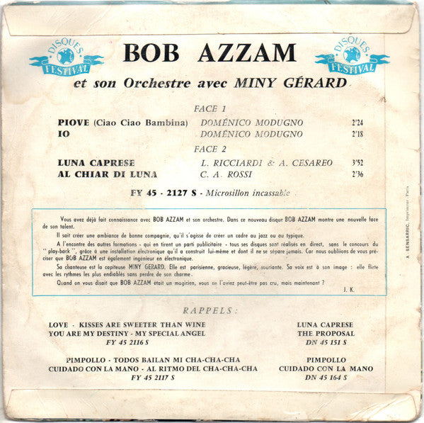 Bob Azzam Et Son Orchestre Avec Miny Gérard : Bob Azzam En Italie (7", EP)