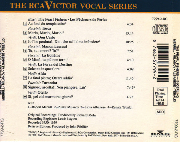 Jussi Bjoerling* with Robert Merrill, Zinka Milanov, Licia Albanese, Renata Tebaldi : “The Pearl Fishers” Duet ∙ “Les Pêcheurs De Perles” Duo (Plus Duets And Scenes By Puccini And Verdi) (CD, Comp, Mono, RM)