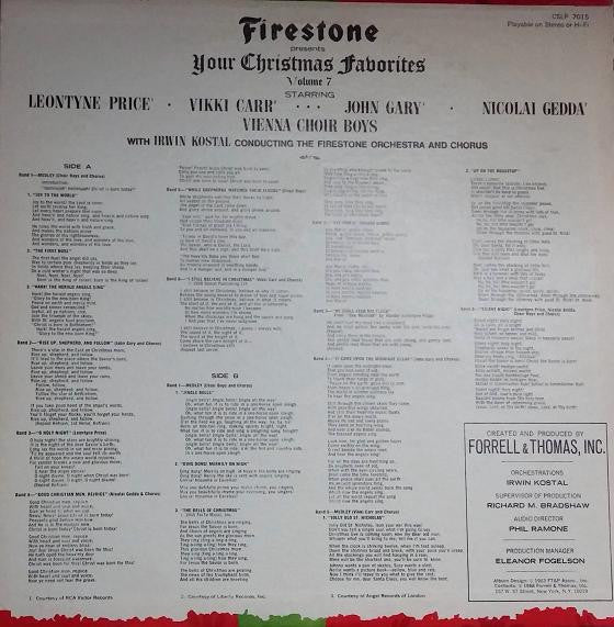 Leontyne Price, Vikki Carr, John Gary, Nicolai Gedda, Vienna Choir Boys*, The Firestone Orchestra And Chorus Conducted By Irwin Kostal : Firestone Presents Your Christmas Favorites Volume 7 (LP, Album, Ind)