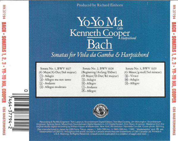Bach* / Yo-Yo Ma, Kenneth Cooper : Sonatas For Viola Da Gamba & Harpsichord (CD, RE)