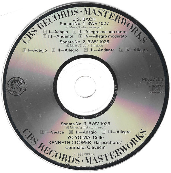 Bach* / Yo-Yo Ma, Kenneth Cooper : Sonatas For Viola Da Gamba & Harpsichord (CD, RE)