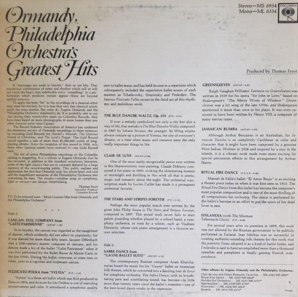 Eugene Ormandy / The Philadelphia Orchestra : Ormandy, Philadelphia Orchestra's Greatest Hits (LP, Comp, San)