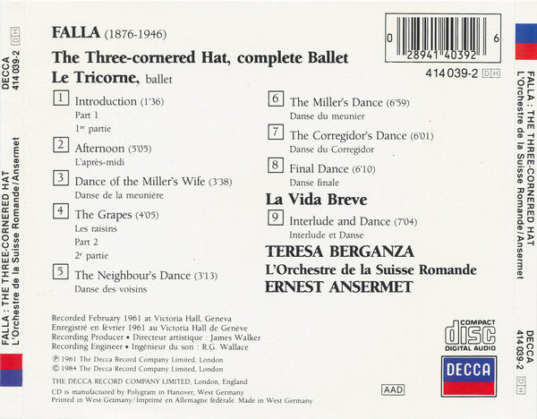 Falla* - Ernest Ansermet, L'Orchestre De La Suisse Romande : The Three-Cornered Hat, La Vida Breve-Interlude & Dance (CD, Album, RE)