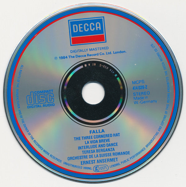 Falla* - Ernest Ansermet, L'Orchestre De La Suisse Romande : The Three-Cornered Hat, La Vida Breve-Interlude & Dance (CD, Album, RE)