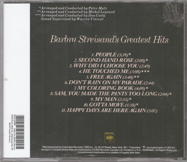 Barbra Streisand : Barbra Streisand's Greatest Hits (CD, Comp, Club, RE)