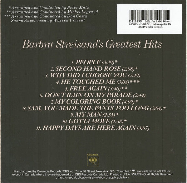 Barbra Streisand : Barbra Streisand's Greatest Hits (CD, Comp, Club, RE)
