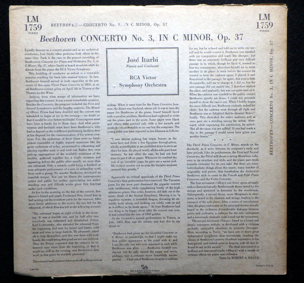 Beethoven* - José Iturbi, RCA Victor Symphony Orchestra : Concerto No. 3 In C Minor, Op.37 (LP, Mono)