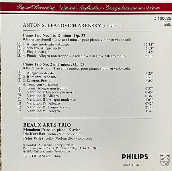 Arensky*, Beaux Arts Trio : The Piano Trios (CD, Album, Club)