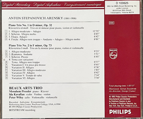 Arensky*, Beaux Arts Trio : The Piano Trios (CD, Album, Club)