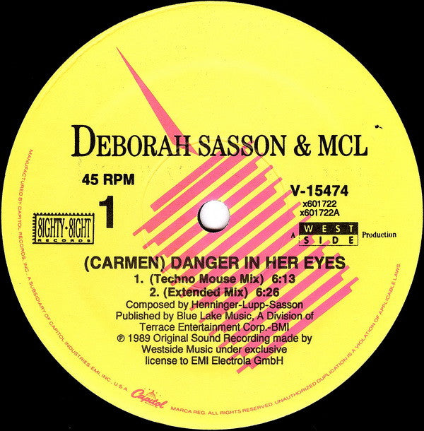 Deborah Sasson & MCL* : (Carmen) Danger In Her Eyes (12", Single)