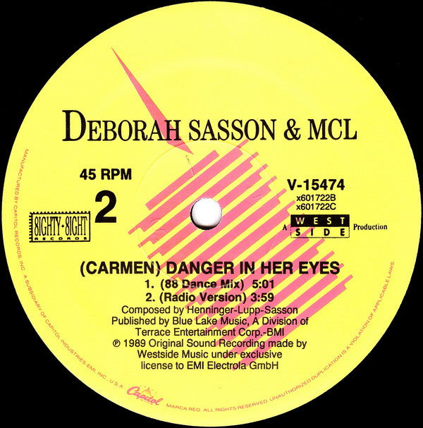 Deborah Sasson & MCL* : (Carmen) Danger In Her Eyes (12", Single)