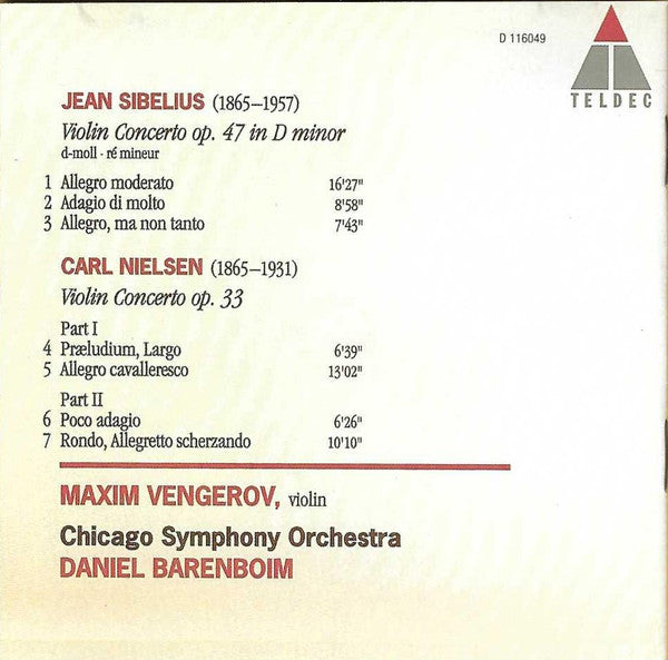 Sibelius* • Nielsen*, Maxim Vengerov, Daniel Barenboim, Chicago Symphony Orchestra : Violin Concertos (CD, Album, Club)