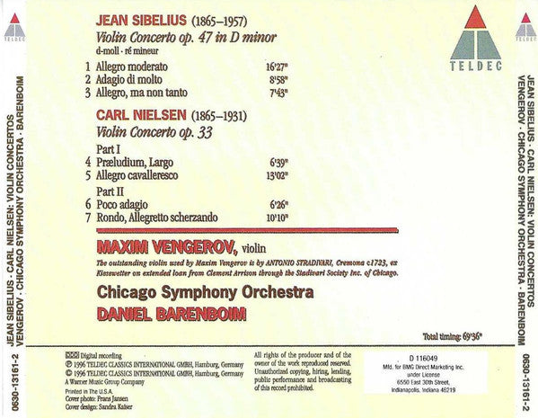 Sibelius* • Nielsen*, Maxim Vengerov, Daniel Barenboim, Chicago Symphony Orchestra : Violin Concertos (CD, Album, Club)