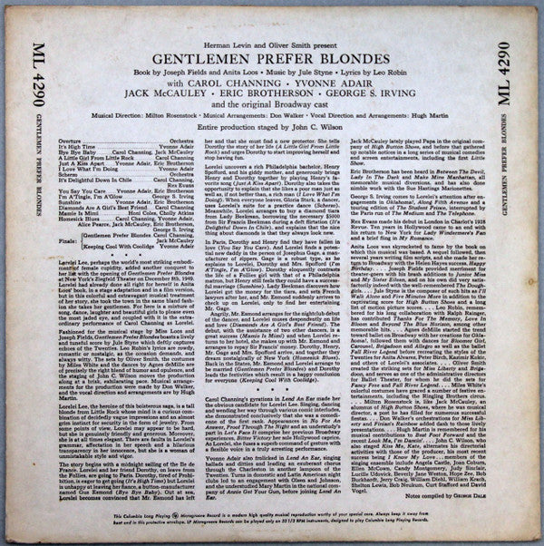 Jule Styne Lyrics By Leo Robin / Carol Channing, Yvonne Adair, Jack McCauley, Eric Brotherson, George S. Irving And The  Original Broadway Cast* : Gentlemen Prefer Blondes (LP, Album, Mono, Blu)