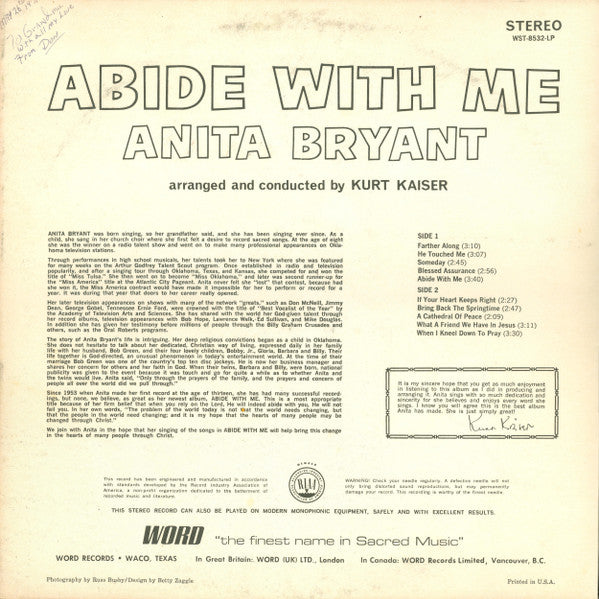 Anita Bryant : Abide With Me (LP, Album, Gat)