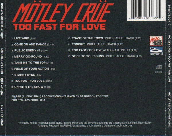 Mötley Crüe : Too Fast For Love (HDCD, Album, RE)