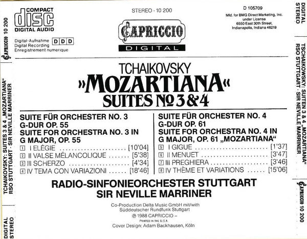 Pyotr Ilyich Tchaikovsky – Sir Neville Marriner, Radio-Sinfonieorchester Stuttgart : »Mozartiana« Suites № 3 & 4 (CD, Album, Club)