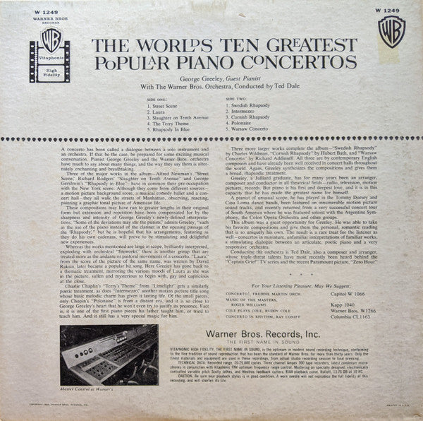 George Greeley With The Warner Bros. Studio Orchestra Conducted By Ted Dale : The World's Ten Greatest Popular Piano Concertos  (LP, Mono)