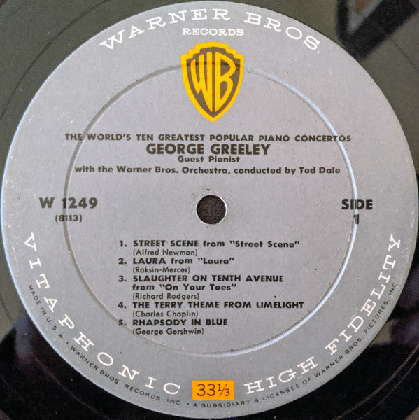 George Greeley With The Warner Bros. Studio Orchestra Conducted By Ted Dale : The World's Ten Greatest Popular Piano Concertos  (LP, Mono)