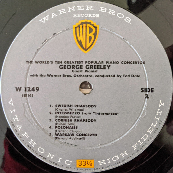 George Greeley With The Warner Bros. Studio Orchestra Conducted By Ted Dale : The World's Ten Greatest Popular Piano Concertos  (LP, Mono)