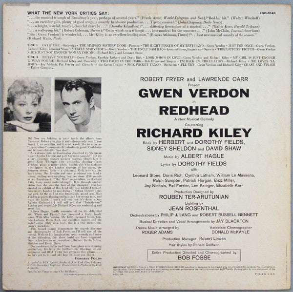 Albert Hague , Lyrics By Dorothy Fields / Featuring Gwen Verdon Co-starring Richard Kiley Presented By Robert Fryer And Lawrence Carr : Redhead (An Original Cast Recording) (LP, Album, Roc)