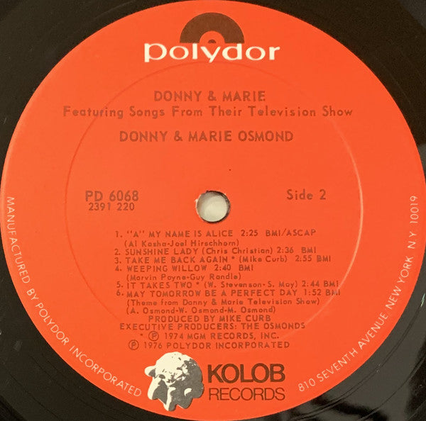 Donny & Marie Osmond : Donny & Marie Featuring Songs From Their Television Show (LP, Album, PRC)