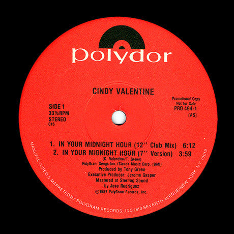 Cindy Valentine : In Your Midnight Hour (12", Promo, 016)