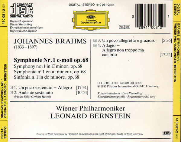 Brahms*, Wiener Philharmoniker · Leonard Bernstein : Symphonie No. 1 (CD, Album, RE, PDO)