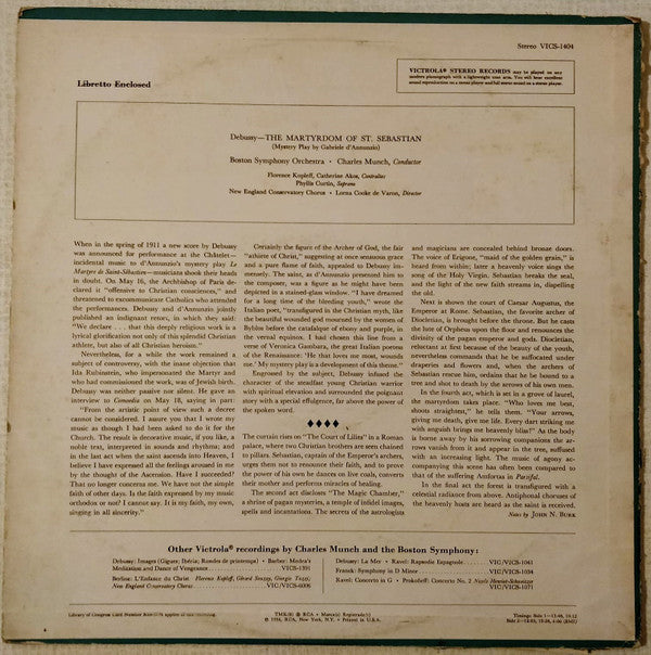 Debussy*, Charles Munch, Boston Symphony Orchestra, Phyllis Curtin, Florence Kopleff, Catherine Akos, New England Conservatory Chorus : The Martyrdom Of St. Sebastian (LP, RE)