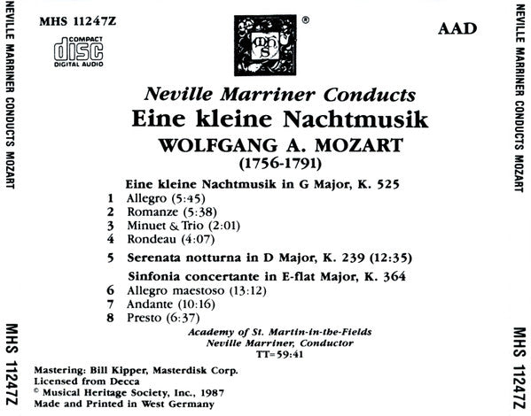 Wolfgang A. Mozart*, The Academy Of St. Martin-in-the-Fields, Sir Neville Marriner : Eine Kleine Nachtmusik K. 525 / Serenata Notturna / Sinfonia Concertante (CD, Album, RE)