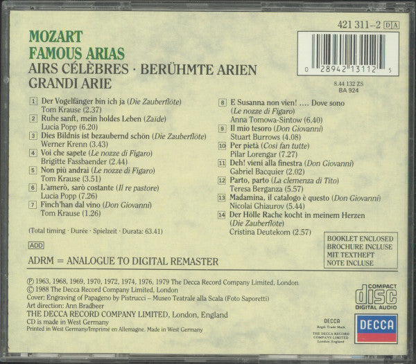 Popp*, Tomowa-Sintow*, Deutekom*, Berganza*, Fassbaender*, Krause*, Ghiaurov* : Mozart : Famous Arias - Airs Célèbres - Berühmte Arien - Grandi Arie (CD, Album, Comp)